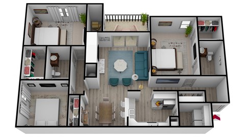 Floor plan for 3 beds, 2 baths, 1289 sqft